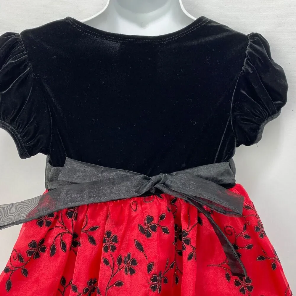 Rare Editions Girls Dress 3T Red Flocked Skirt Black Velvet Top Crinoline Bow